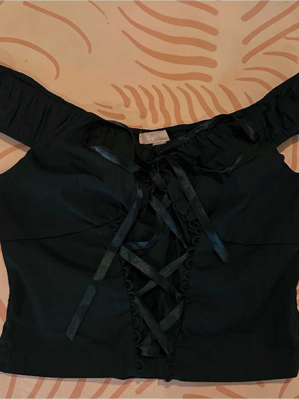 Sugar Thrillz Black Off-Shoulder Lace-Up Crop Top